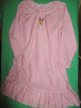Sweet Dreams Red Striped Girls Nightgown with Embroidered Reindeer Size 6
